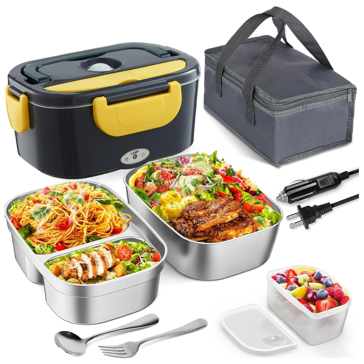 Electric Lunch Box for Adults-60W Fast HeatedLunch Box for Men&Women with Dual 1.5LStainless Steel Containers Fast Heating Porta