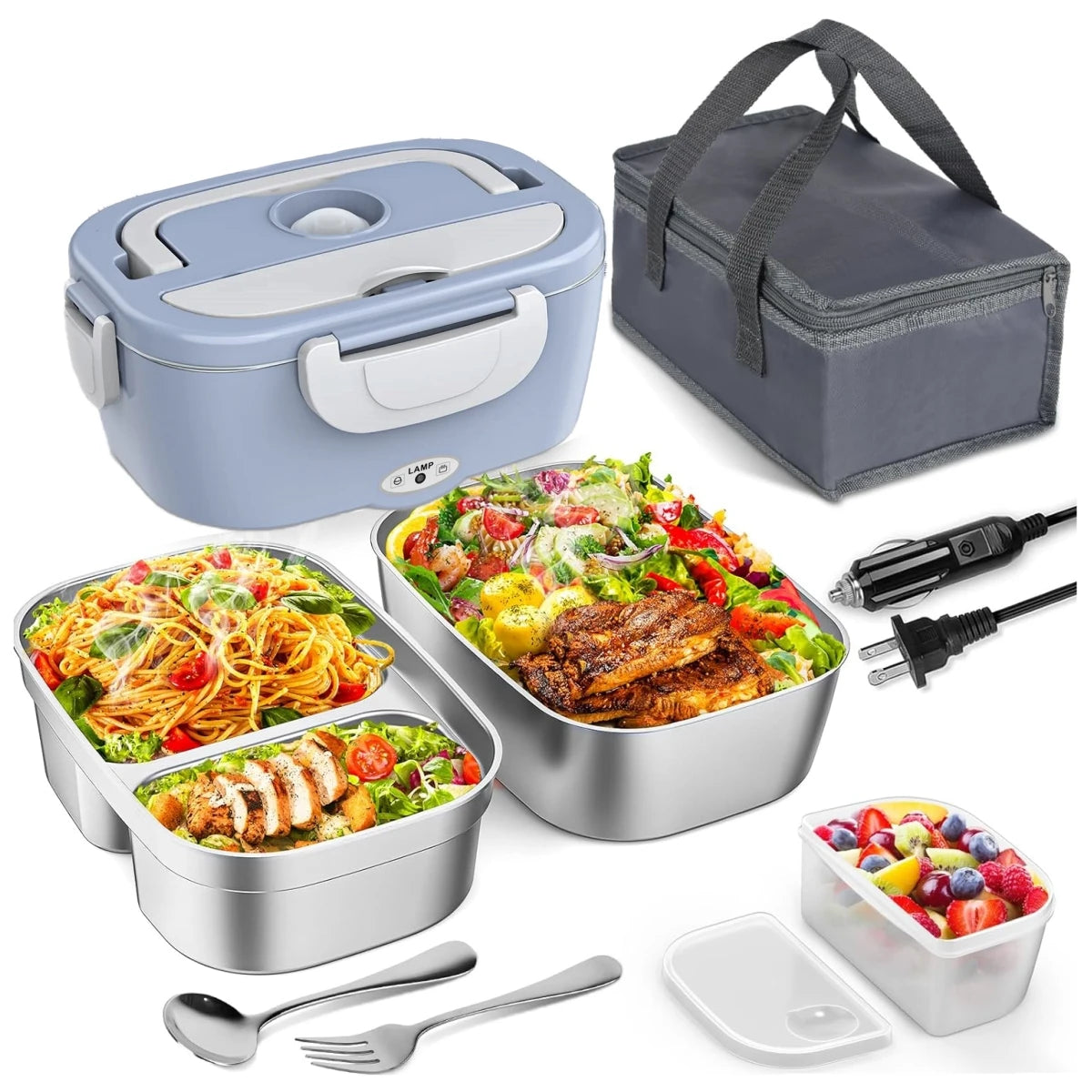 Electric Lunch Box for Adults-60W Fast HeatedLunch Box for Men&Women with Dual 1.5LStainless Steel Containers Fast Heating Porta