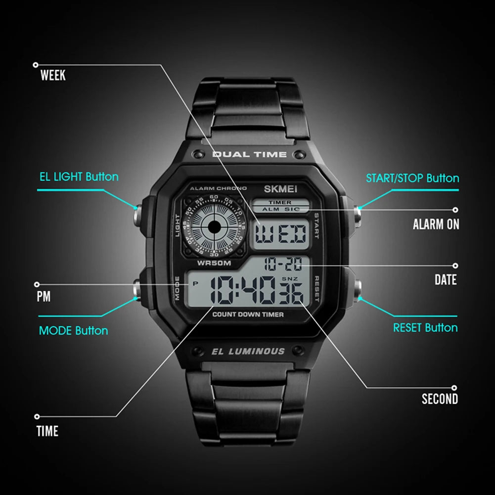 50M Waterproof Outdoor Sports Wristwatch Countdown Timer Digital Watch with LED Backlight Dual Time Alarm Sports Wrist Watch