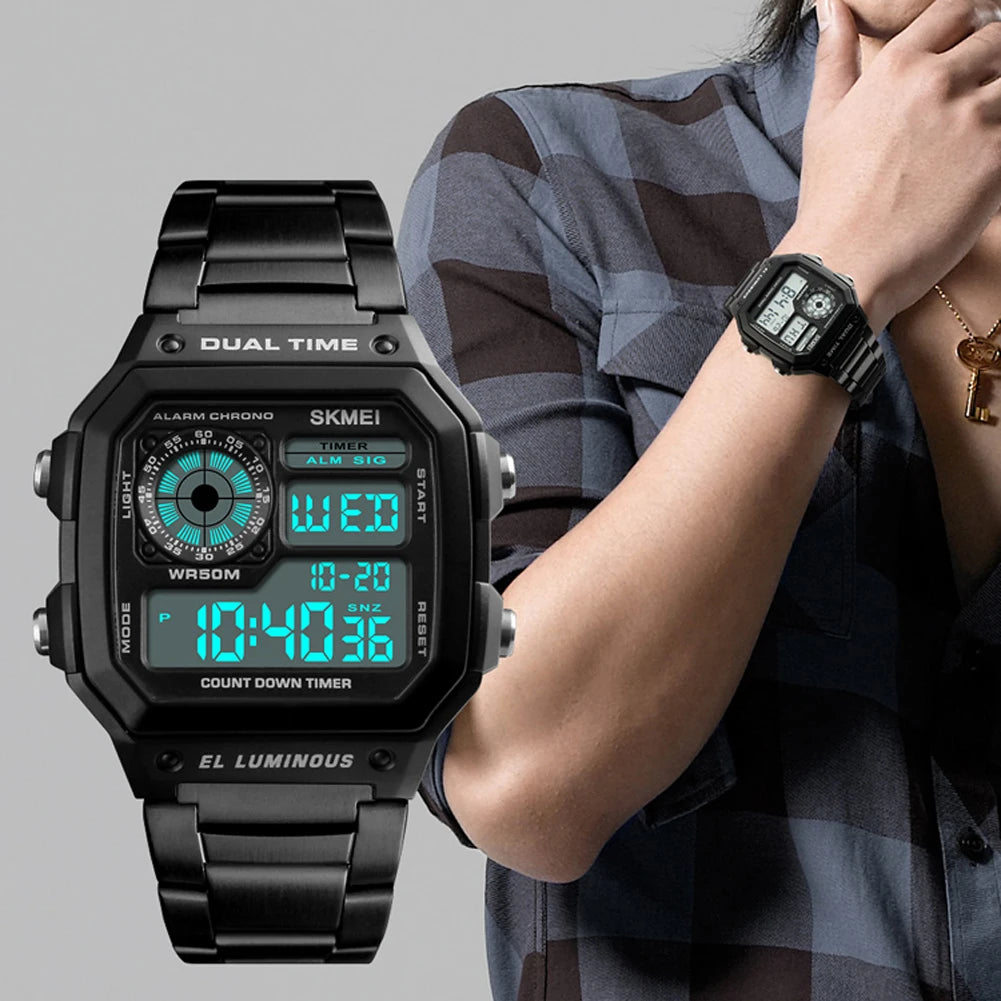 50M Waterproof Outdoor Sports Wristwatch Countdown Timer Digital Watch with LED Backlight Dual Time Alarm Sports Wrist Watch