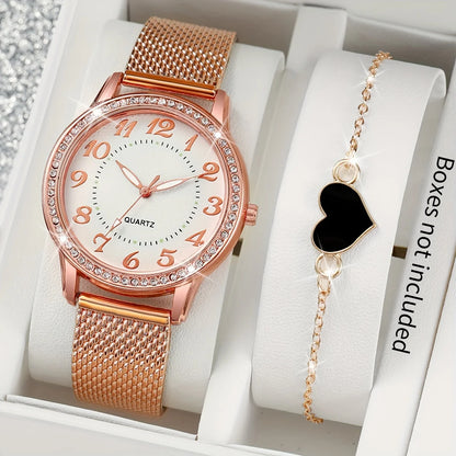 2pcs/set Women's Watch Fashion PU Quatrz Watch With Heart-shaped Bracelet Set (Box Not Included )