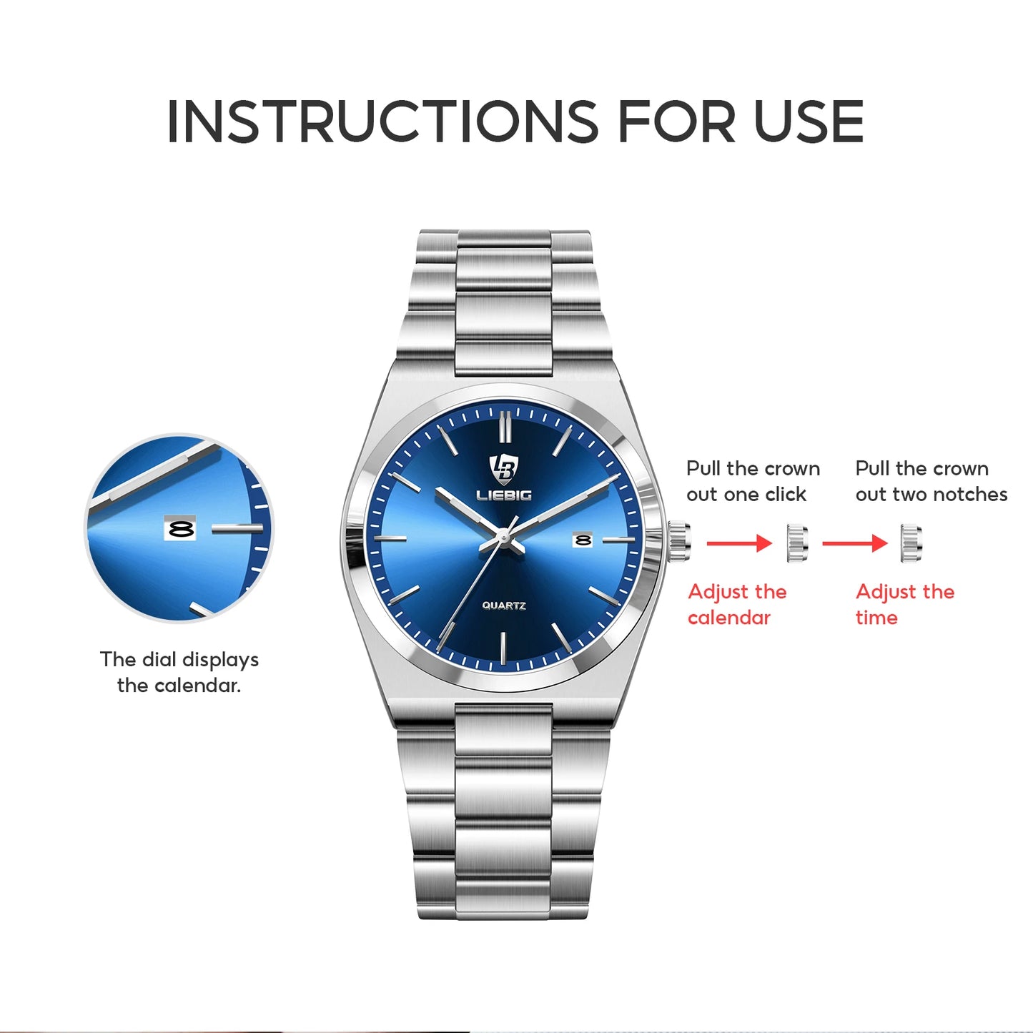 LIEBIG Business Waterproof Week Wristwatches Male Luxury Quartz Watches Fashion Stainless Steel Watch For Men Women Simple Watch