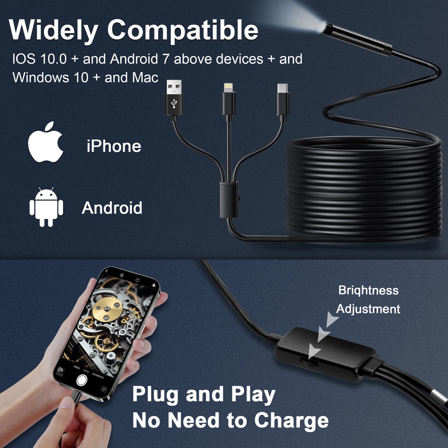 3 in 1 Endoscope Inspection Camera for Micro USB/Type-C/IOS iphone Waterproof Sewer Industrial Piping Car Borescope 1080P HD