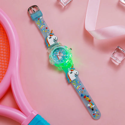 Cute cartoon unicorn party pattern luminous watch with transparent case, silicone band and quartz movement, suitable for Christm