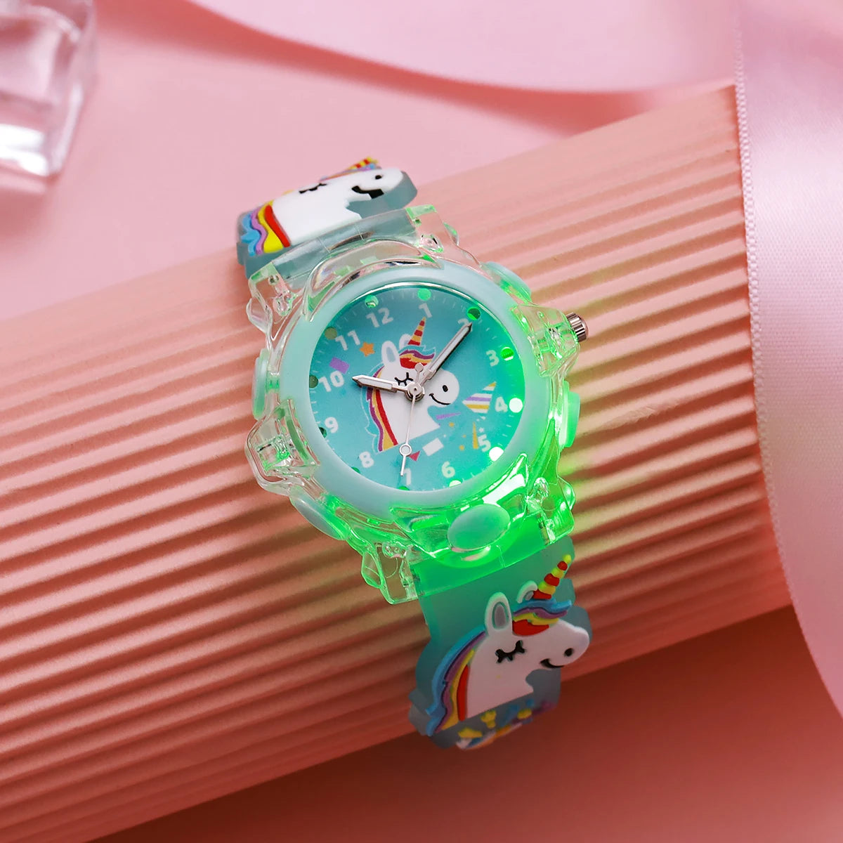 Cute cartoon unicorn party pattern luminous watch with transparent case, silicone band and quartz movement, suitable for Christm