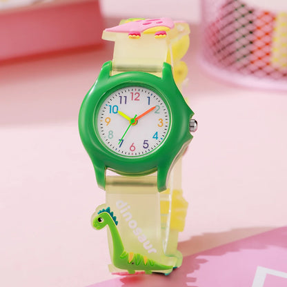 Cute and fashionable dinosaur pattern silicone watch band with colorful plastic dial, simple quartz wristwatch, suitable for Chr