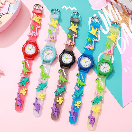 Cute and fashionable dinosaur pattern silicone watch band with colorful plastic dial, simple quartz wristwatch, suitable for Chr
