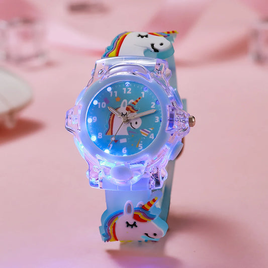 Cute cartoon unicorn party pattern luminous watch with transparent case, silicone band and quartz movement, suitable for Christm