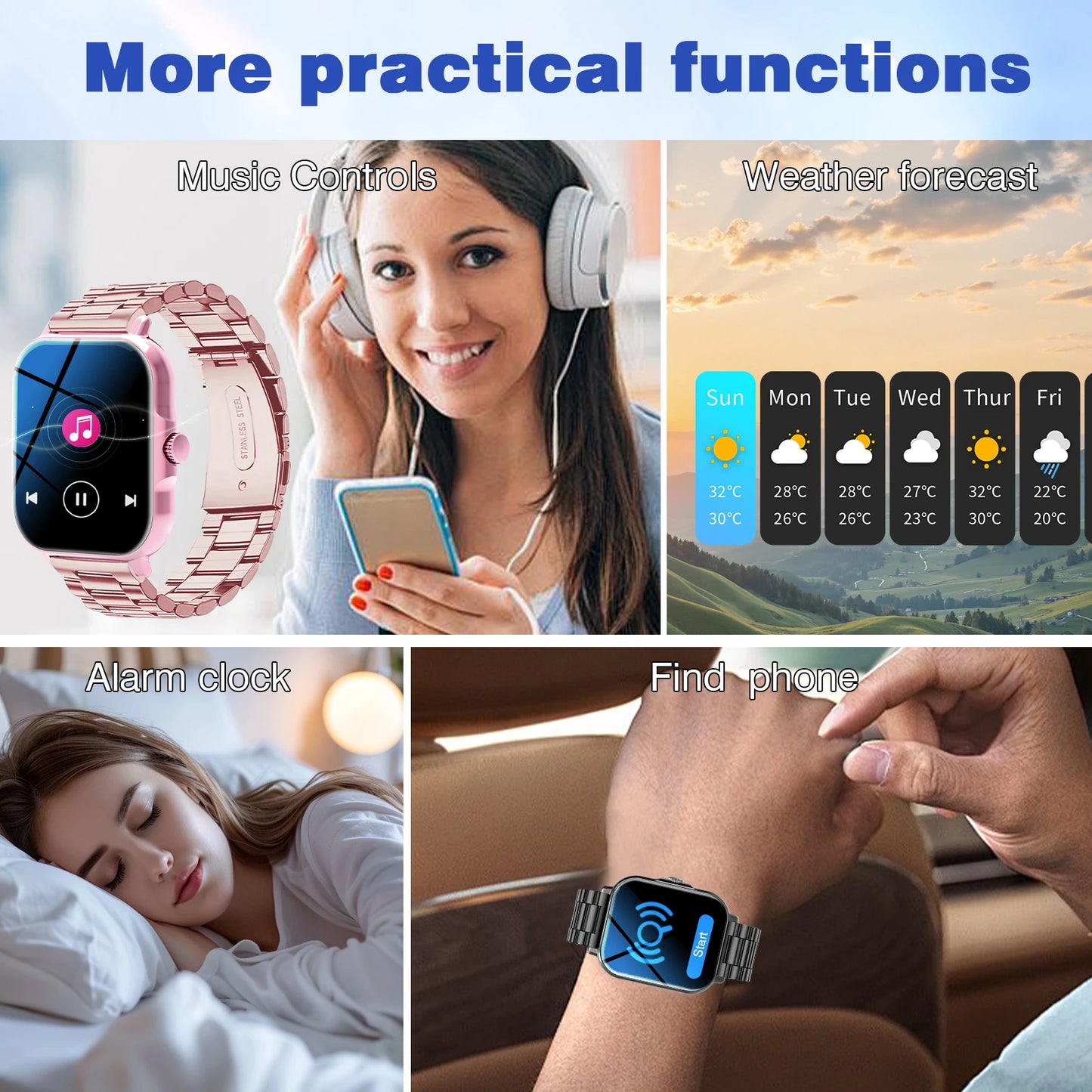 Smart Watch, Wireless Calling/dialing, Message Reminder View, Various APP Reminders, Suitable for IPhone/Andriod,