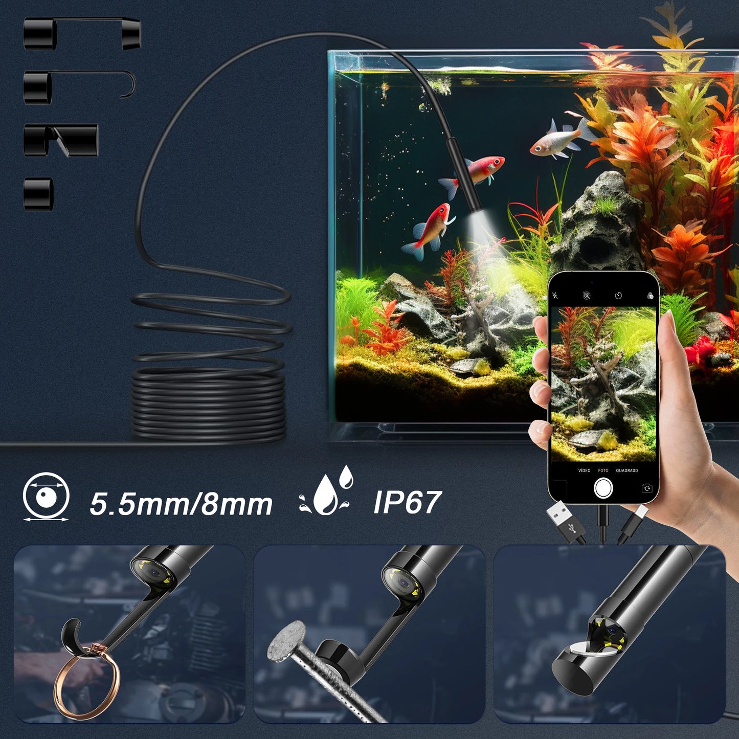 3 in 1 Endoscope Inspection Camera for Micro USB/Type-C/IOS iphone Waterproof Sewer Industrial Piping Car Borescope 1080P HD