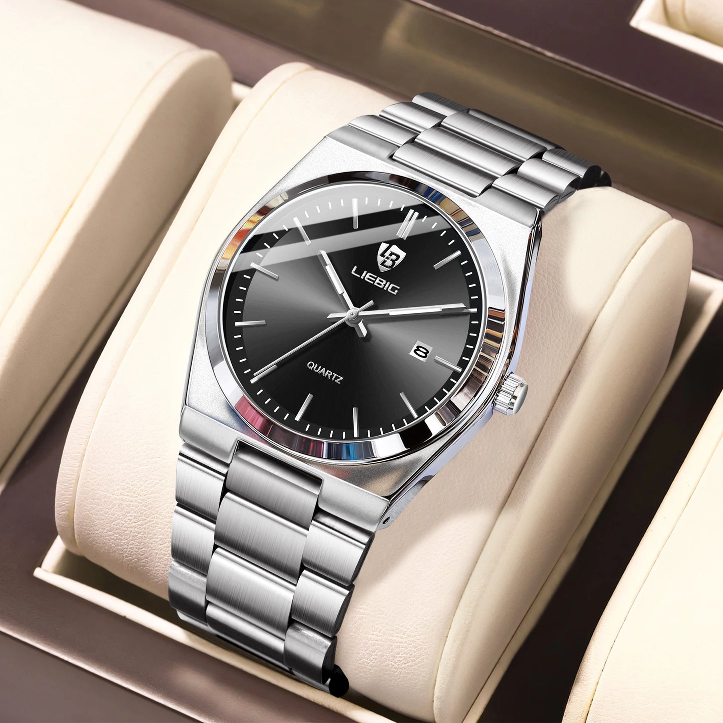 LIEBIG Business Waterproof Week Wristwatches Male Luxury Quartz Watches Fashion Stainless Steel Watch For Men Women Simple Watch