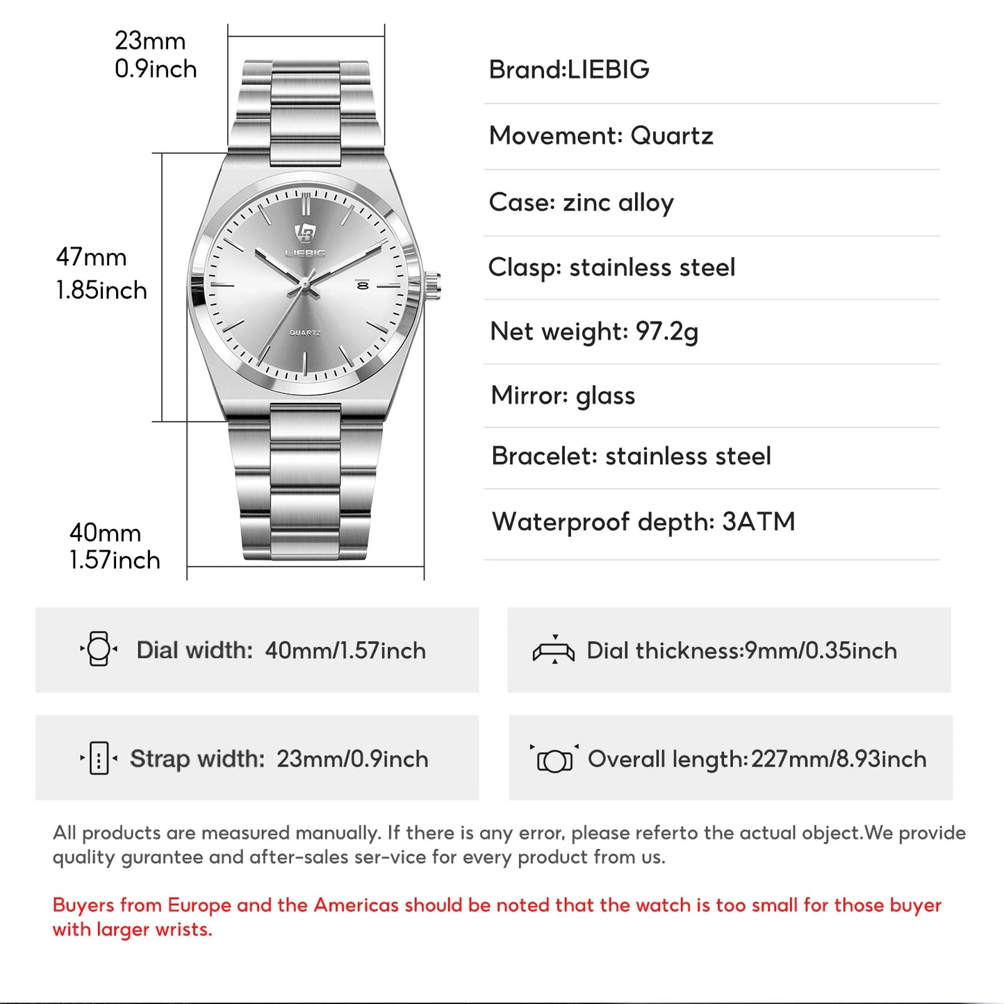 LIEBIG Business Waterproof Week Wristwatches Male Luxury Quartz Watches Fashion Stainless Steel Watch For Men Women Simple Watch