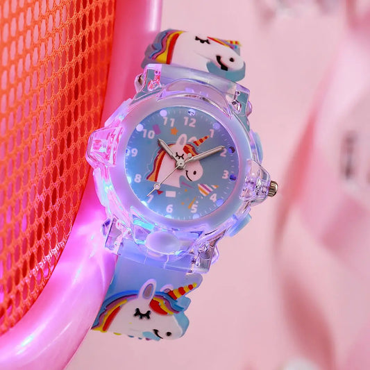 Cute cartoon unicorn party pattern luminous watch with transparent case, silicone band and quartz movement, suitable for Christm