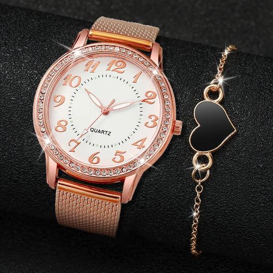 2pcs/set Women's Watch Fashion PU Quatrz Watch With Heart-shaped Bracelet Set (Box Not Included )