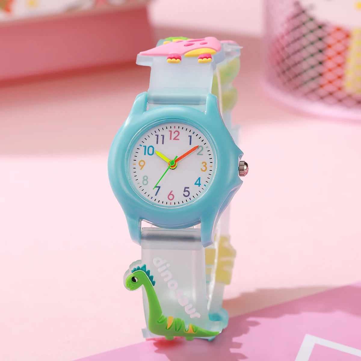 Cute and fashionable dinosaur pattern silicone watch band with colorful plastic dial, simple quartz wristwatch, suitable for Chr