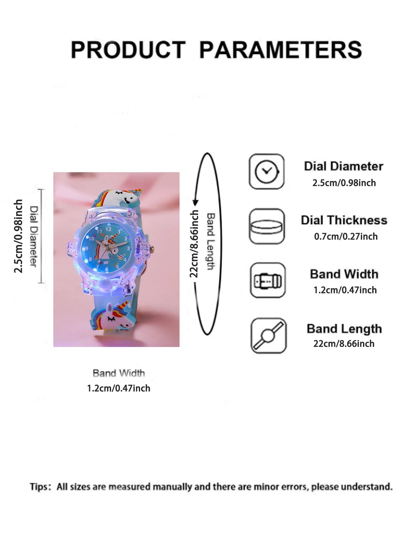 Cute cartoon unicorn party pattern luminous watch with transparent case, silicone band and quartz movement, suitable for Christm