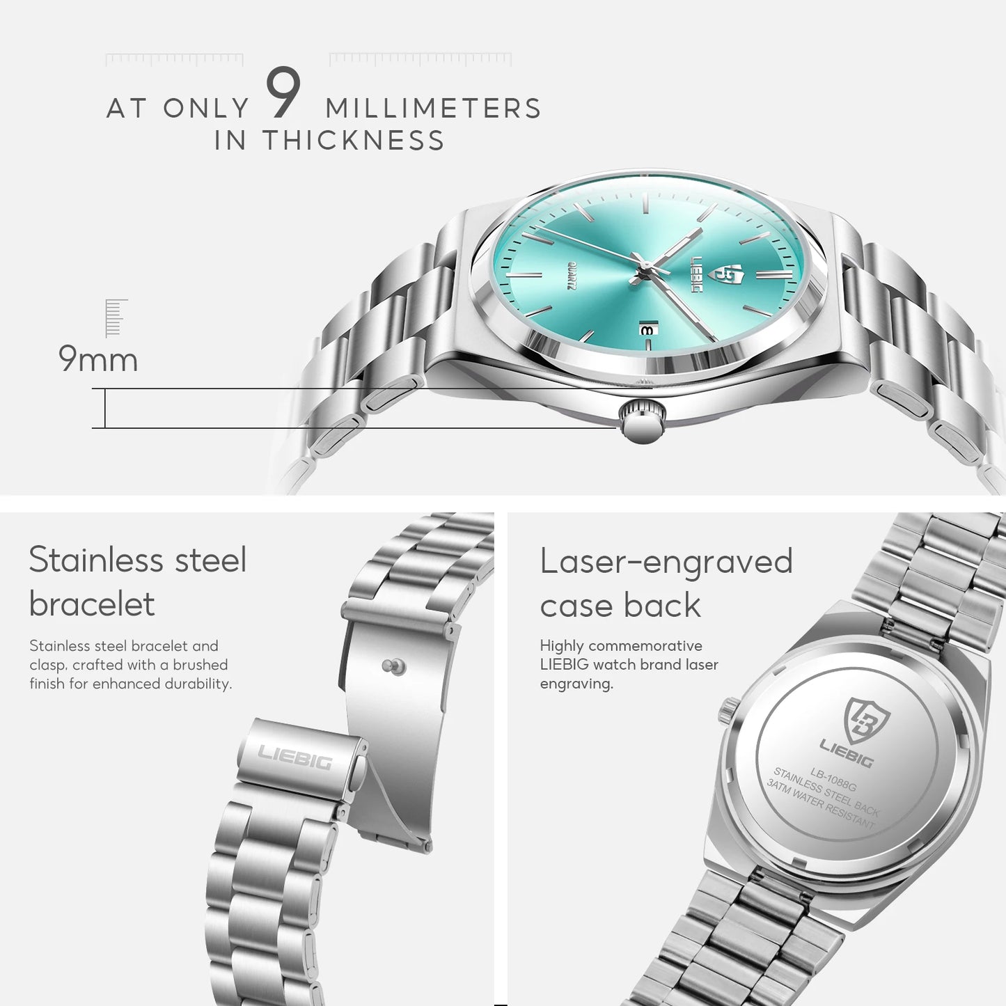 LIEBIG Business Waterproof Week Wristwatches Male Luxury Quartz Watches Fashion Stainless Steel Watch For Men Women Simple Watch